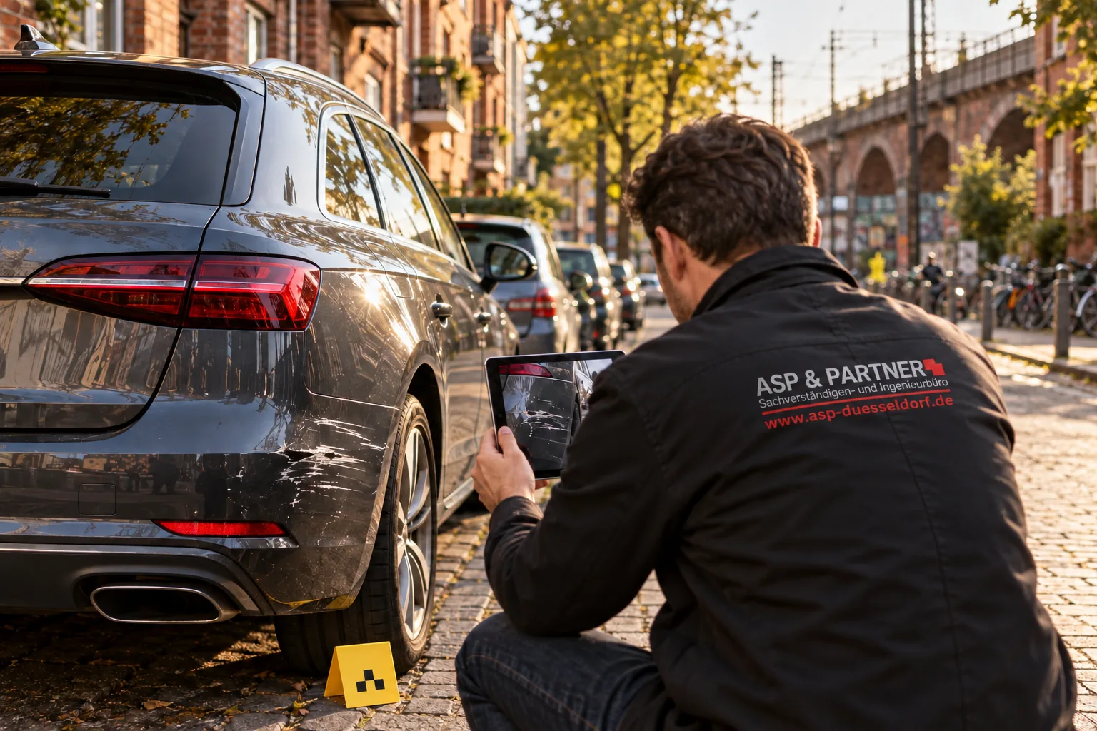 Dokumentation eines Parkschadens in Köln-Ehrenfeld mit ASP-&-Partner-Logo auf der Arbeitsjacke