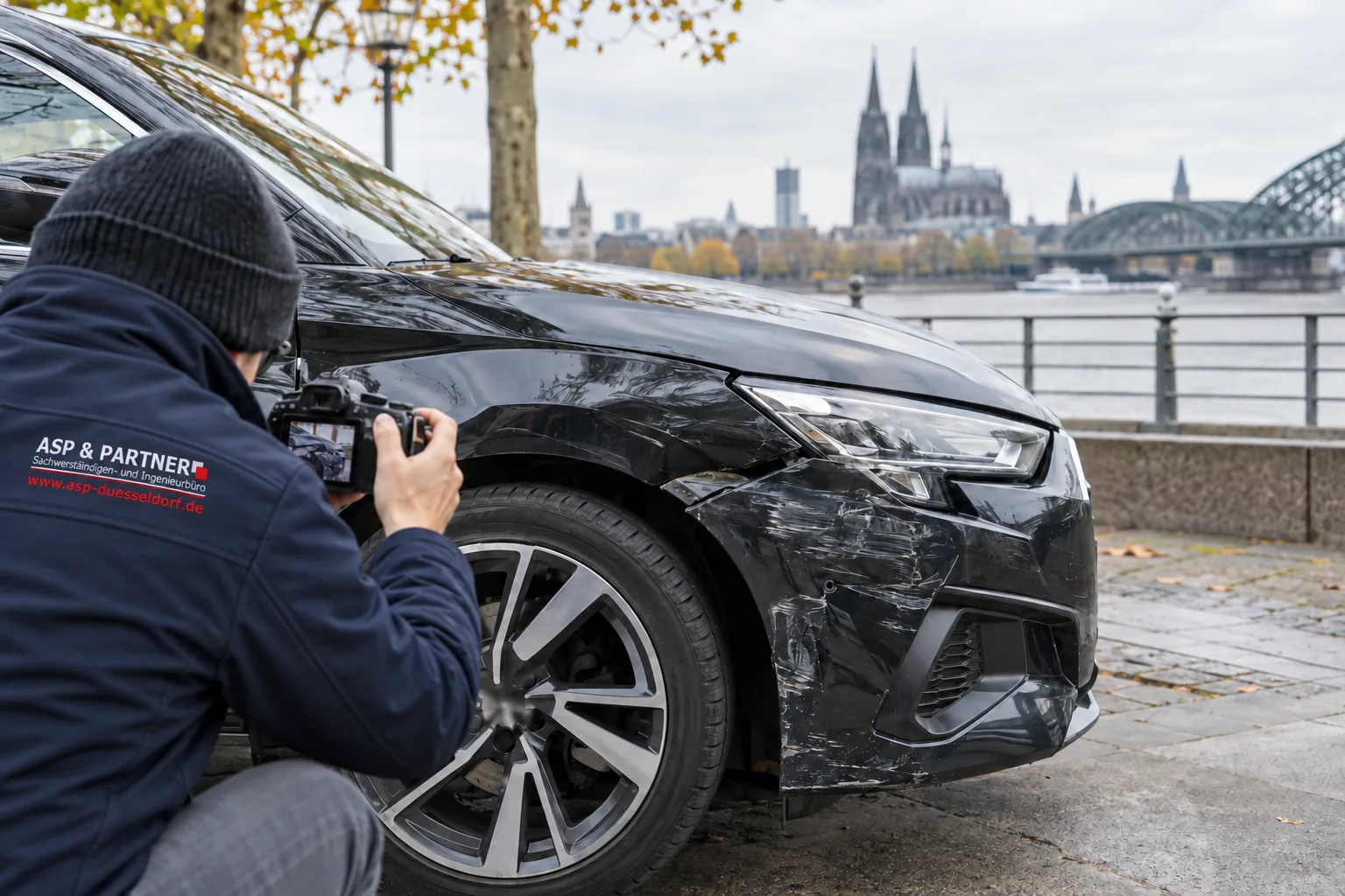 Schadenaufnahme an einem Fahrzeug mit Kölner Dom und Rhein im Hintergrund